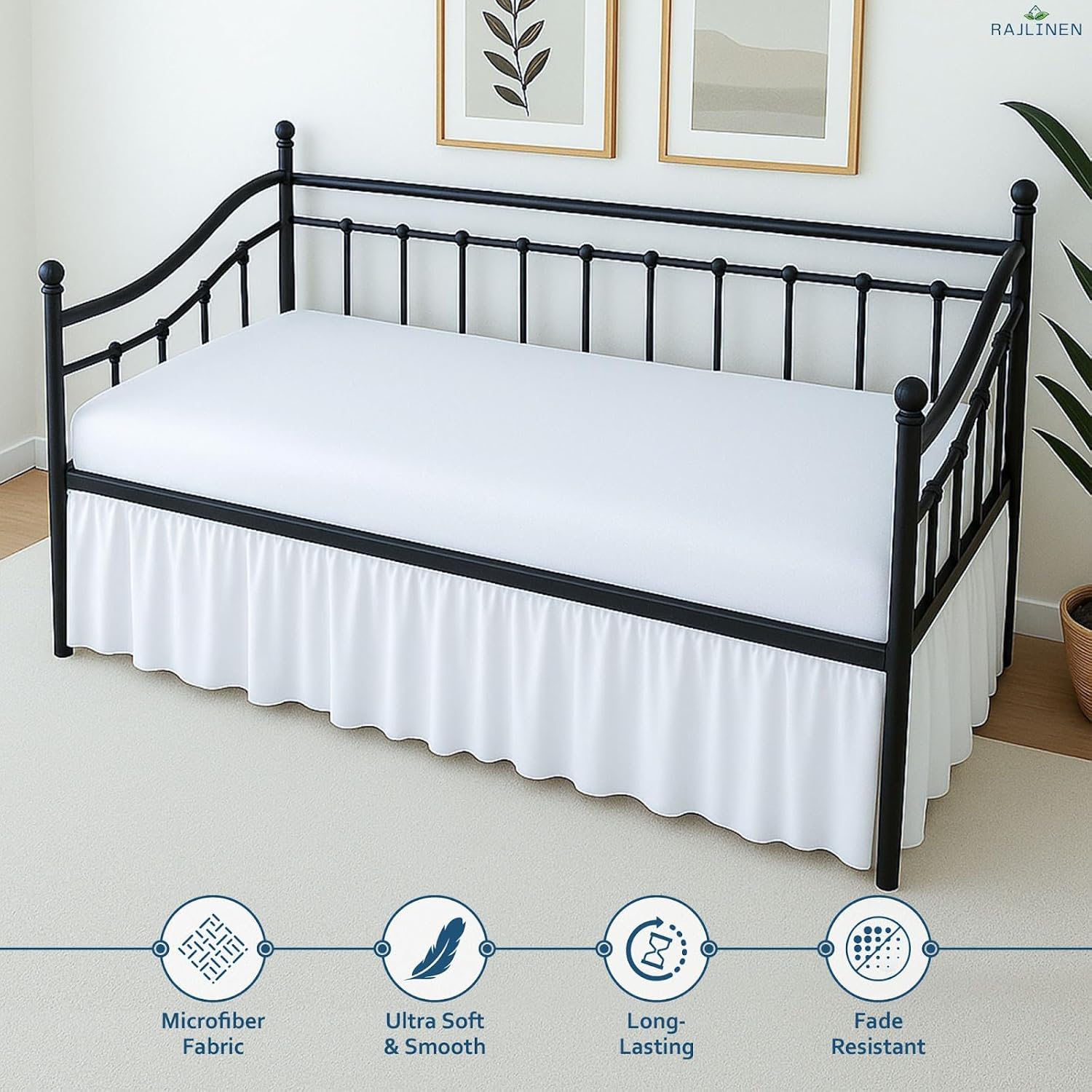 Rajlinen Full Daybed Skirt, Ruffled 16 Inch Drop with Split Corners, 100% Microfiber, Easy Fit Dust Ruffle for Day Bed with 3-Side Coverage, Soft Decorative Classic Platform Fit, White