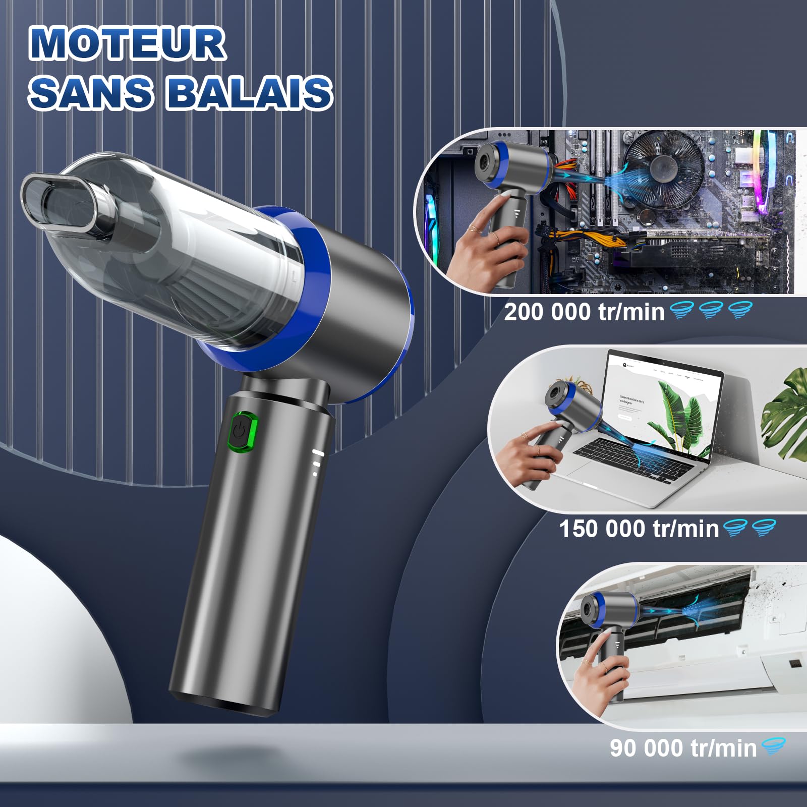 Aspirateur à Main 3 en 1-28 000 PA - Puissant - 3 Vitesses - 240 000 TR/Min - pour Voiture, Cuisine, PC, canapé, Bureau, Maison et Poils d'animaux