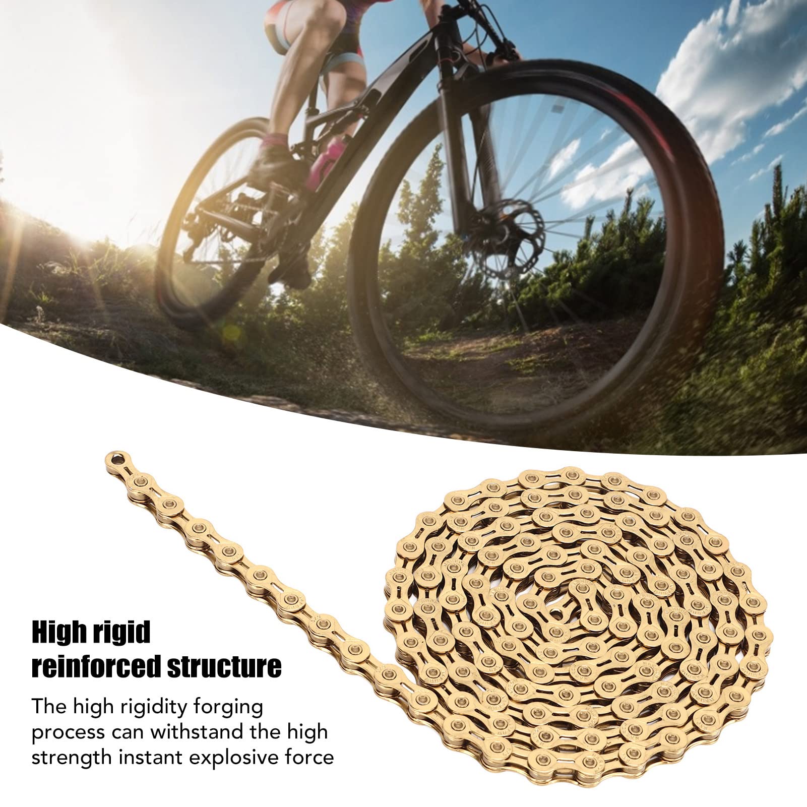 Cadena de bicicleta de 9 velocidades, acero al carbono, oro, 327 g, alto rendimiento duradero para bicicletas de carretera y montaña
