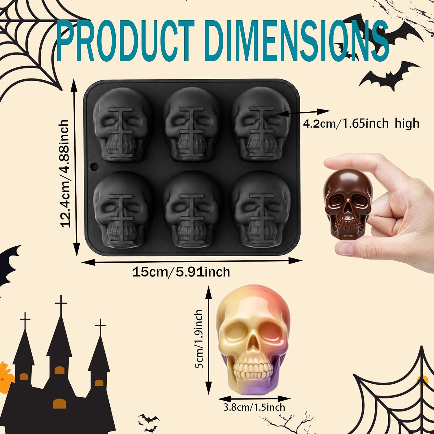 2 Pack 3D Skull Silicone Molds Halloween Silicone Molds, Reusable Non-Stick Skull Chocolate Baking Molds for Cake, Candy, Ice Cube, Resin, Halloween Party Decorations（Black/Gray）