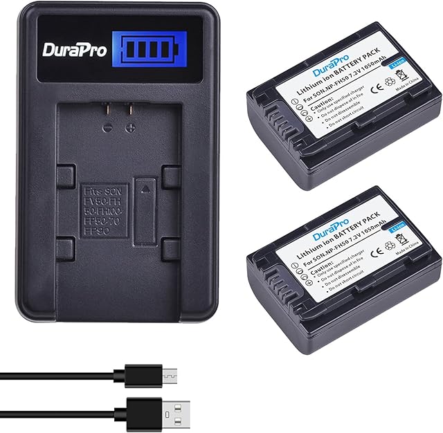 DuraPro 2Pcs NP-FH50 NP FH50 Battery + LCD USB Battery Charger for Sony NP-FH30,NP-FH40,NP-FH50,NP-FH60,NP-FH70,NP-FH100;H Series;Sony DCR-SR32,DCR-SR33,DCR-SR35,DCR-SR36,DCR-SR48,DCR-SR52 Handycams