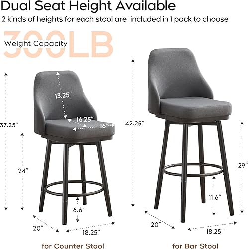 Miniatura 2 de 2 taburetes de bar giratorios de 360 grados con alturas ajustables de 24 y 29 pulgadas, taburetes de altura de mostrador con respaldo medio tapizado