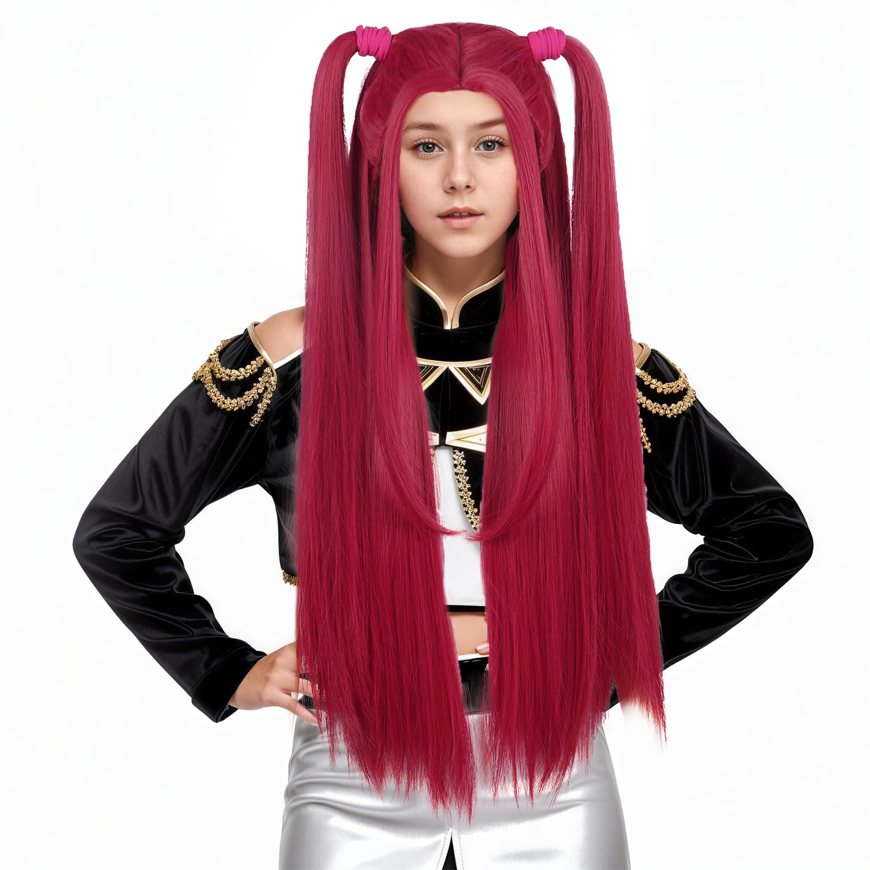 karlery FILLE Longue Droite Rose vif Perruque avec 2 queues de cheval Dessin animé Anime Film Cosplay Perruque Halloween Costume Party Perruque