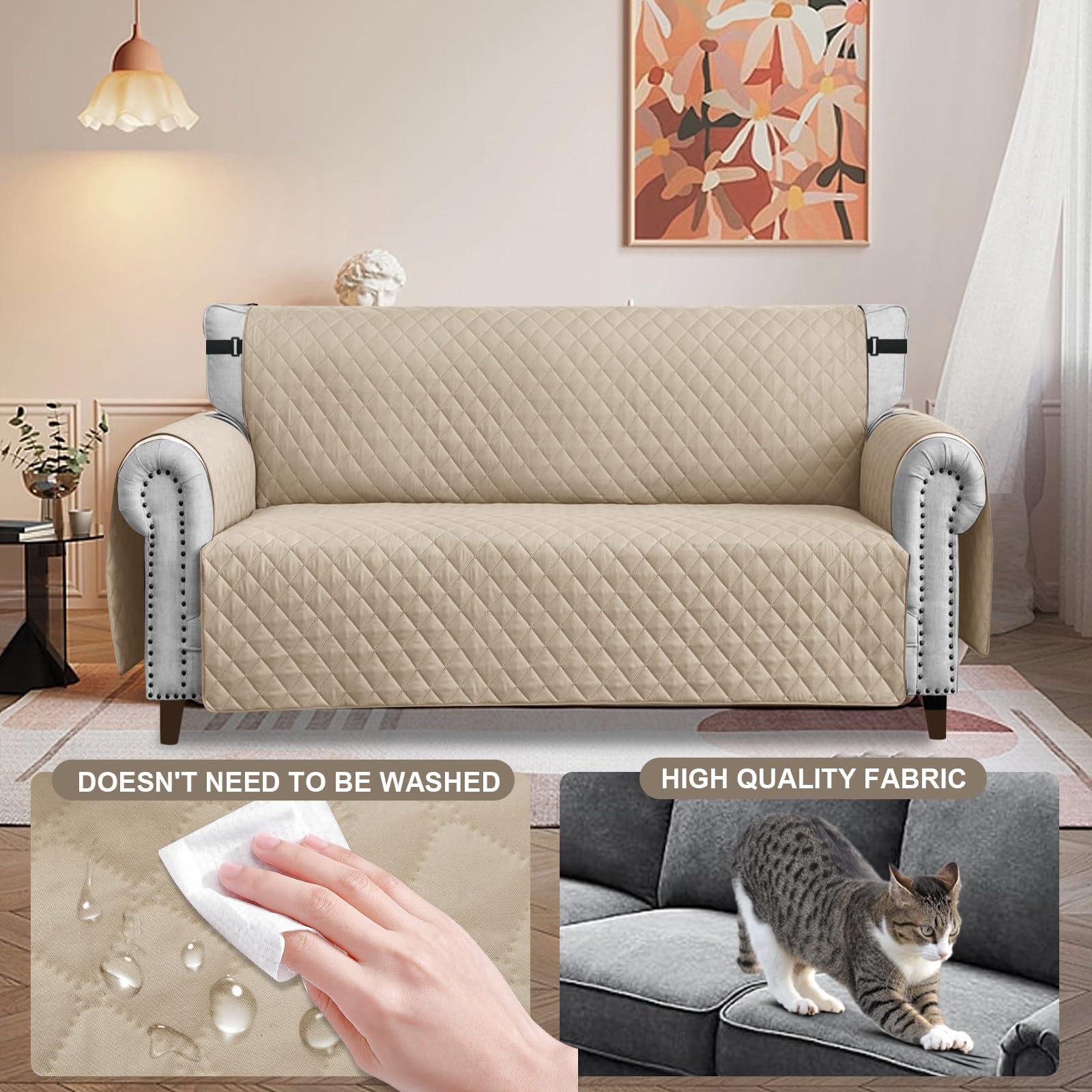 FIGOOO Copridivano Impermeabile 4 Posti Addensare Copridivano Trapuntato Reversibile con Tasche Laterali Antimacchia Antigraffio Cani Gatti Moderno Salvadivano,Beige