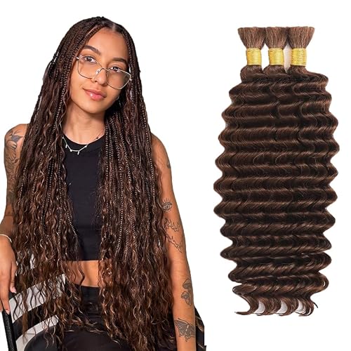 #4 Brown Human Braiding Hair for Boho Braids Hair 34 34 34 Inch Curly Boho Hair for Braiding Human Hair Unprocessed Brazilian Dark Brown Deep Wave Bulk 3 Bundle Hair Extensions 50 Gram Per Bundle