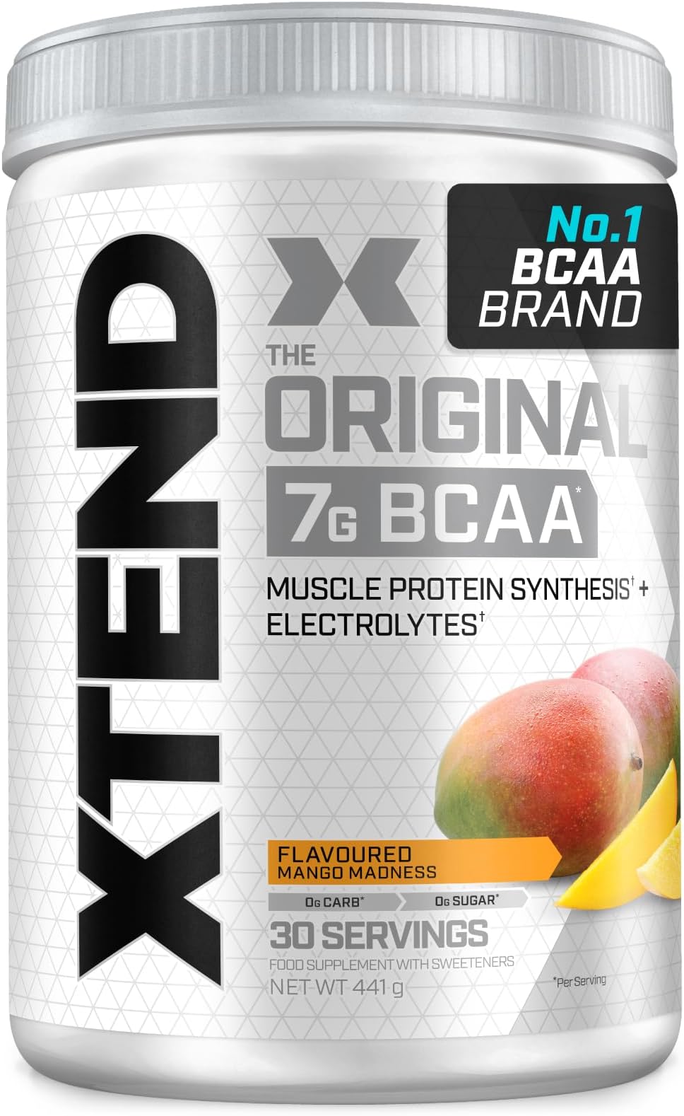 XTEND Original BCAA Powder Mango Madness 30 Servings | 7g BCAAs Per Serving | Sugar Free Branched Chain Amino Acids and Electrolytes Powder for Post Workout Muscle Recovery and Hydration