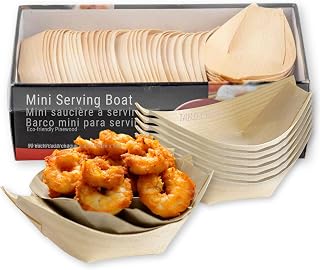 TableCraft BAMDB3 Mini Serving Boat, Disposable Pinewood, 3.5" x 2", Single-Use Food Tray for Finger Foods and Appetizers, Pack of 50