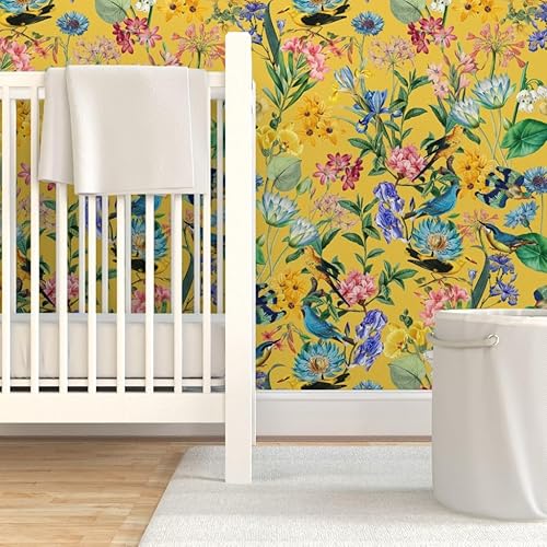 Miniatura 6 de Papel tapiz extraíble de 9 x 2 pies  Selva Selva Selva Amarilla Dibujado a mano Botánico Tropical Birds Papel pintado personalizado pre-pegado por