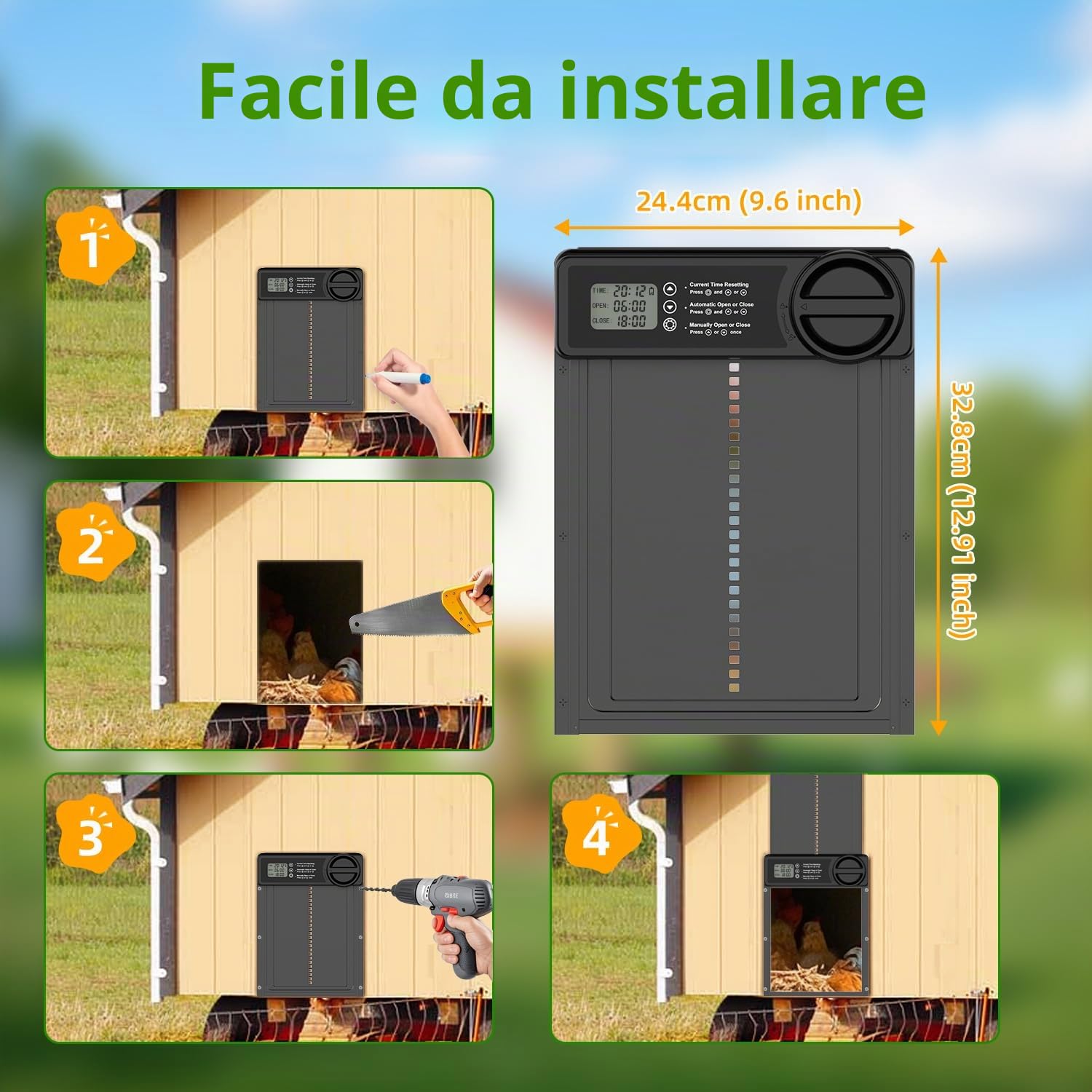 Porta automatica per pollaio, alimentata a batteria, con timer intelligente, sensore anti-pizzicamento, display LCD e promemoria batteria scarica per galline, anatre, oche pollame