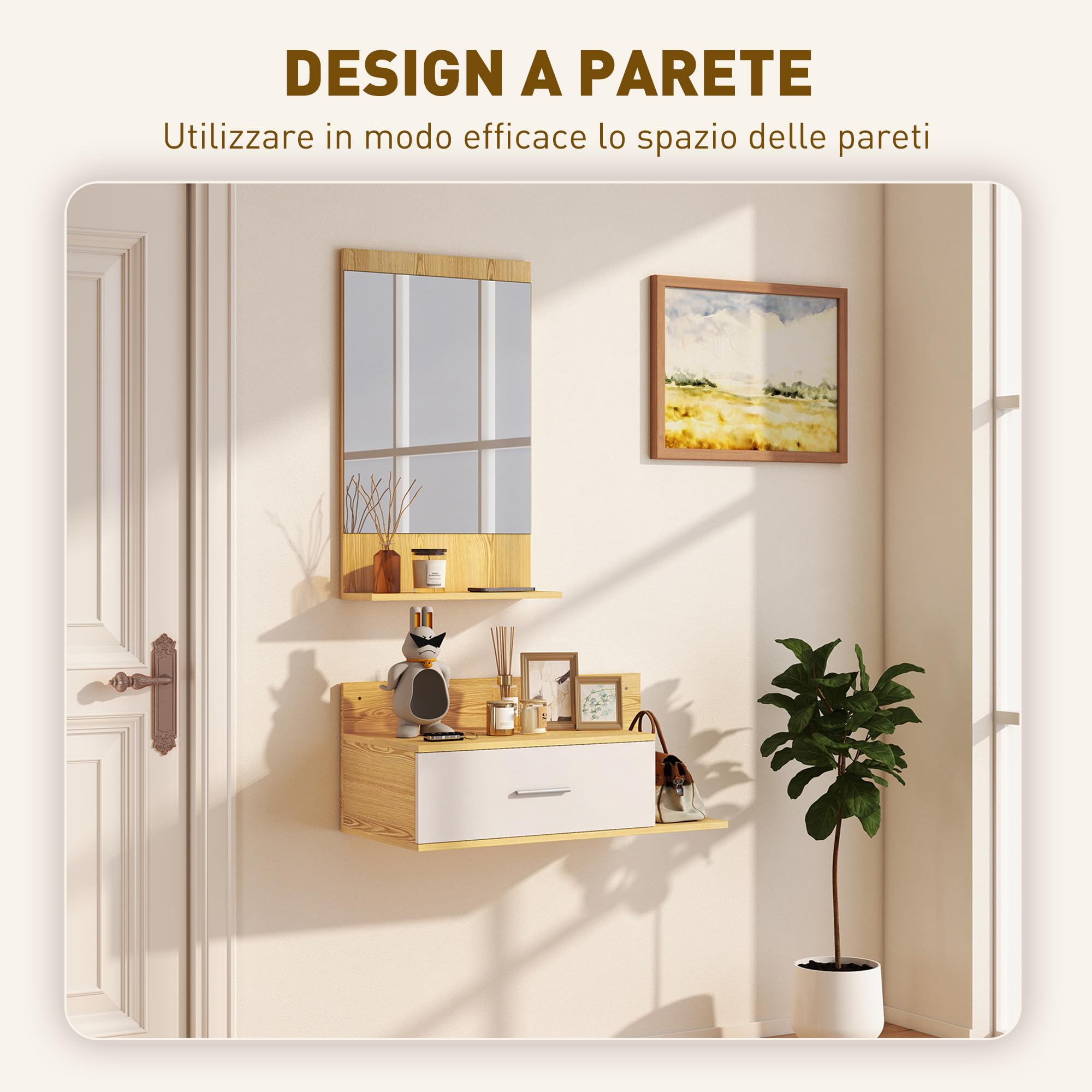 HOMCOM Set Mobili Ingresso con Specchio, Mobiletto a Parete con Cassetto e 2 Ripiani Aperti per Soggiorno, Camera da Letto, Ingresso, Legno Naturale
