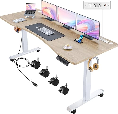 Miniatura 10 de Escritorio eléctrico de pie con ruedas, escritorio de pie de 63 x 24 pulgadas, altura ajustable con estación de carga, 2 puertos USB, 3 tomas de