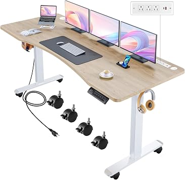 Adjustable Standing Desk, 63'' x 24'' Electric Height Adjustable Desk, Ergonomic Home Office Stand up Desk with Wheels, Outlets and Splice Board,2 USB Ports,3 Power Outlets,4 CasterOak