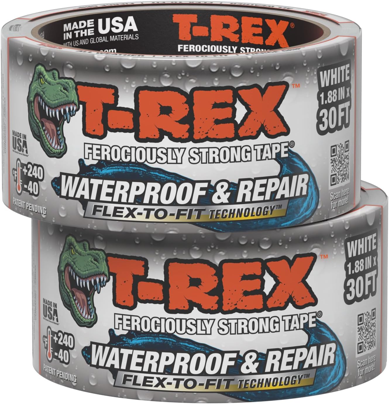 T-REX Flexible Waterproof Tape - Heavy Duty Adhesive Waterproofing Tape for Repair, Leaks, Roof Patches - Extreme Weather & UV Resistance - White, 1.88" x 30 ft. (Pack of 2)