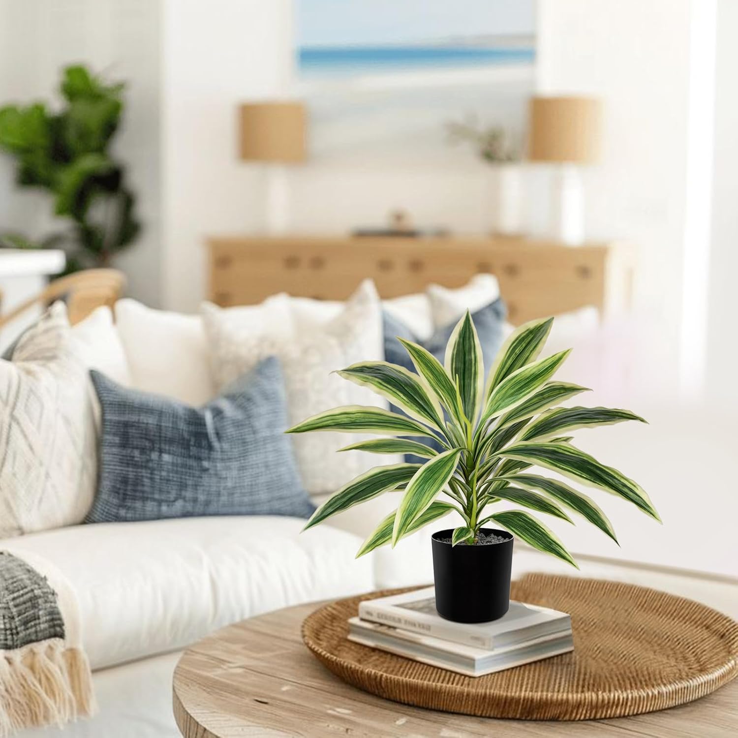 Oairse Artificial Plants Indoor with Pot, 18" Fake Potted Plants Medium Artificial Dracaena Plant in Black Pot Faux Tropical Plants for Bathroom Living Room Office Desk Shelf Decor - Image 5