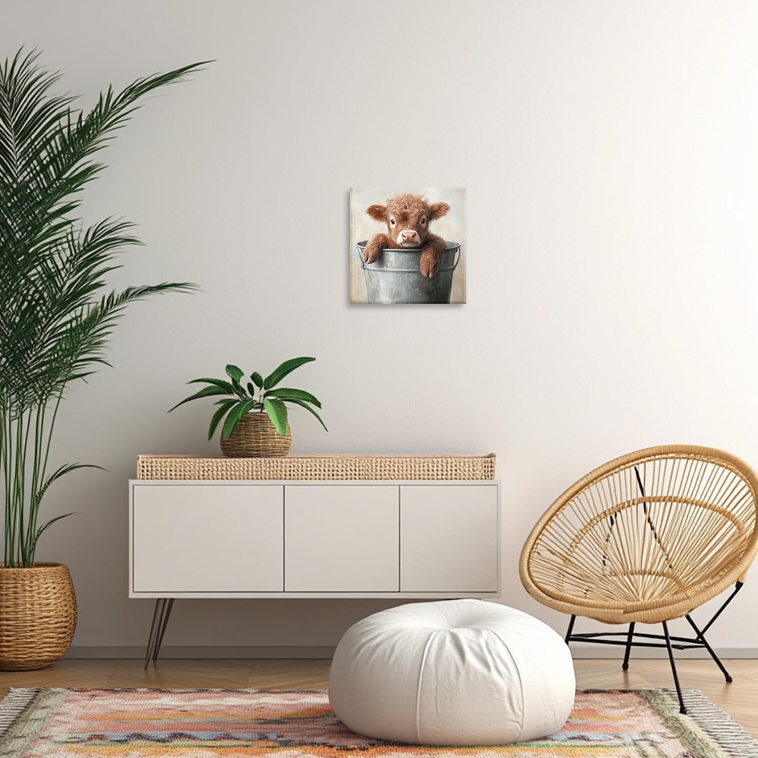 YMXZHUANSH Baby Highland Cow Wall Art Cute Cow in Bucket Canvas Print Farmhouse Animal Pictures Rustic Brown Cattle Painting for Nursery Decor Frame(Brown 12L x 12W)