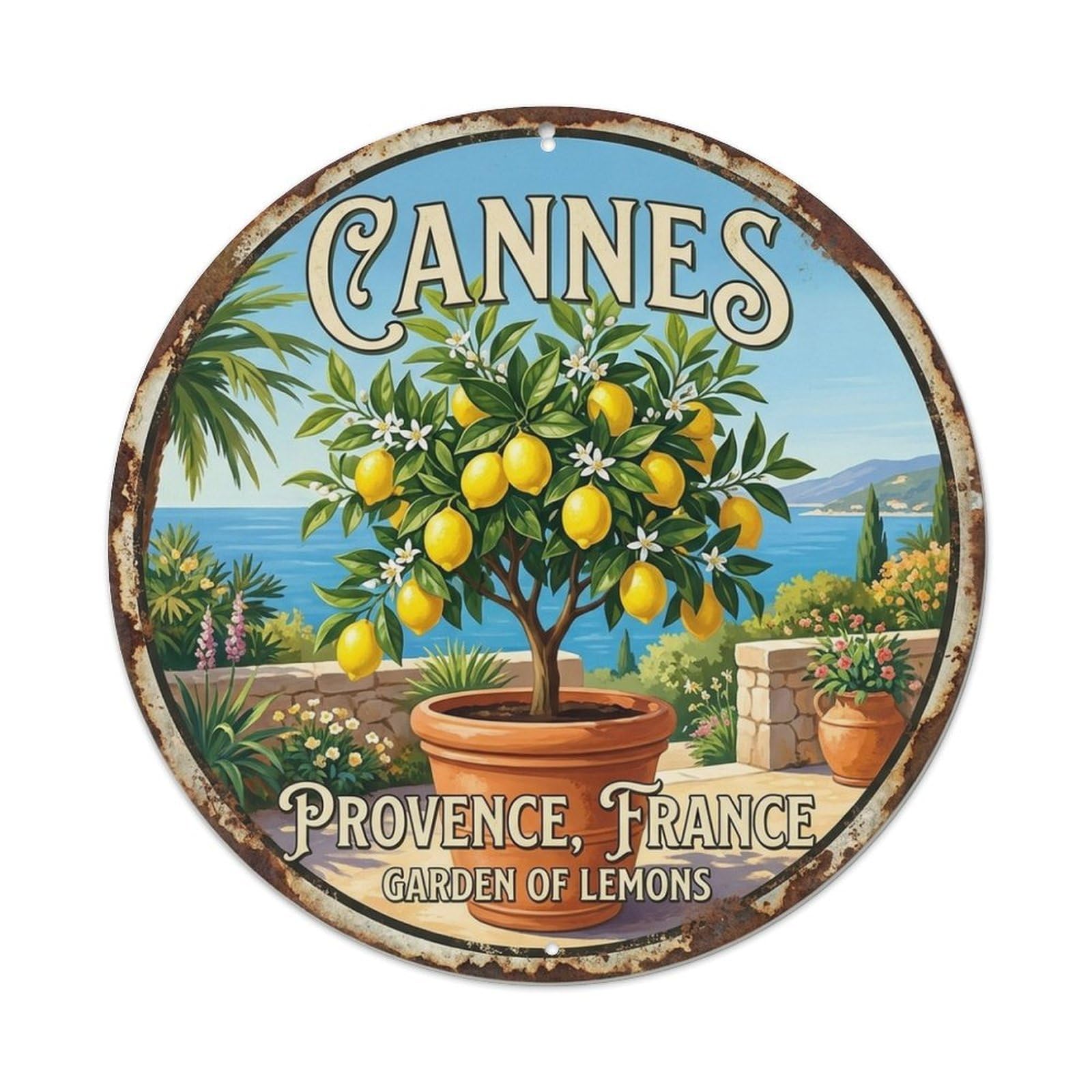 Lemon Tree of Cannes Mediterranean Travel Vintage Metal Tin Sign