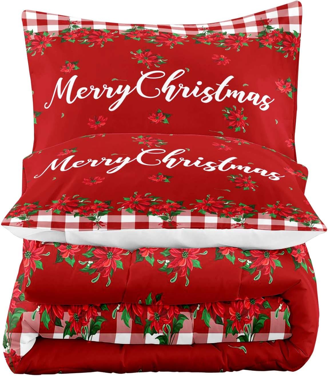 LUVIVIHOME 3PCS Christmas Comforter Set Full Size, Farmhouse Bedding, Holiday New Year Xmas Floral Checkered Red Buffalo Plaid Bedding, Poinsettia Christmas Decorations, Xmas Gifts, 2 Pillow Cases