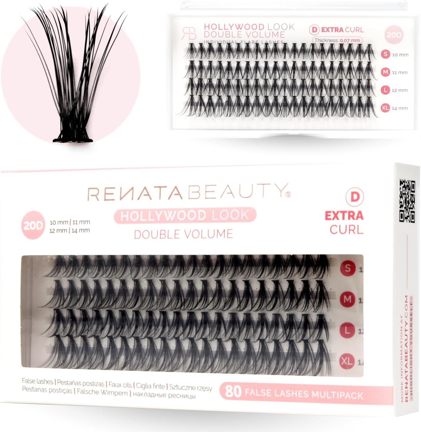 Renata Beauty 20D DOUBLE Volume False Eyelash Extension Kit [D Curl] – 80 Lash Clusters 10-14mm – DIY Natural Looking False Flare Lashes for Home – Add Intensity and Volume – Flat-Band Technology