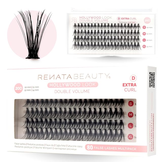 Renata Beauty 20D DOUBLE Volume False Eyelash Extension Kit D Curl 80 Lash Clusters 10-14mm DIY Natural Looking