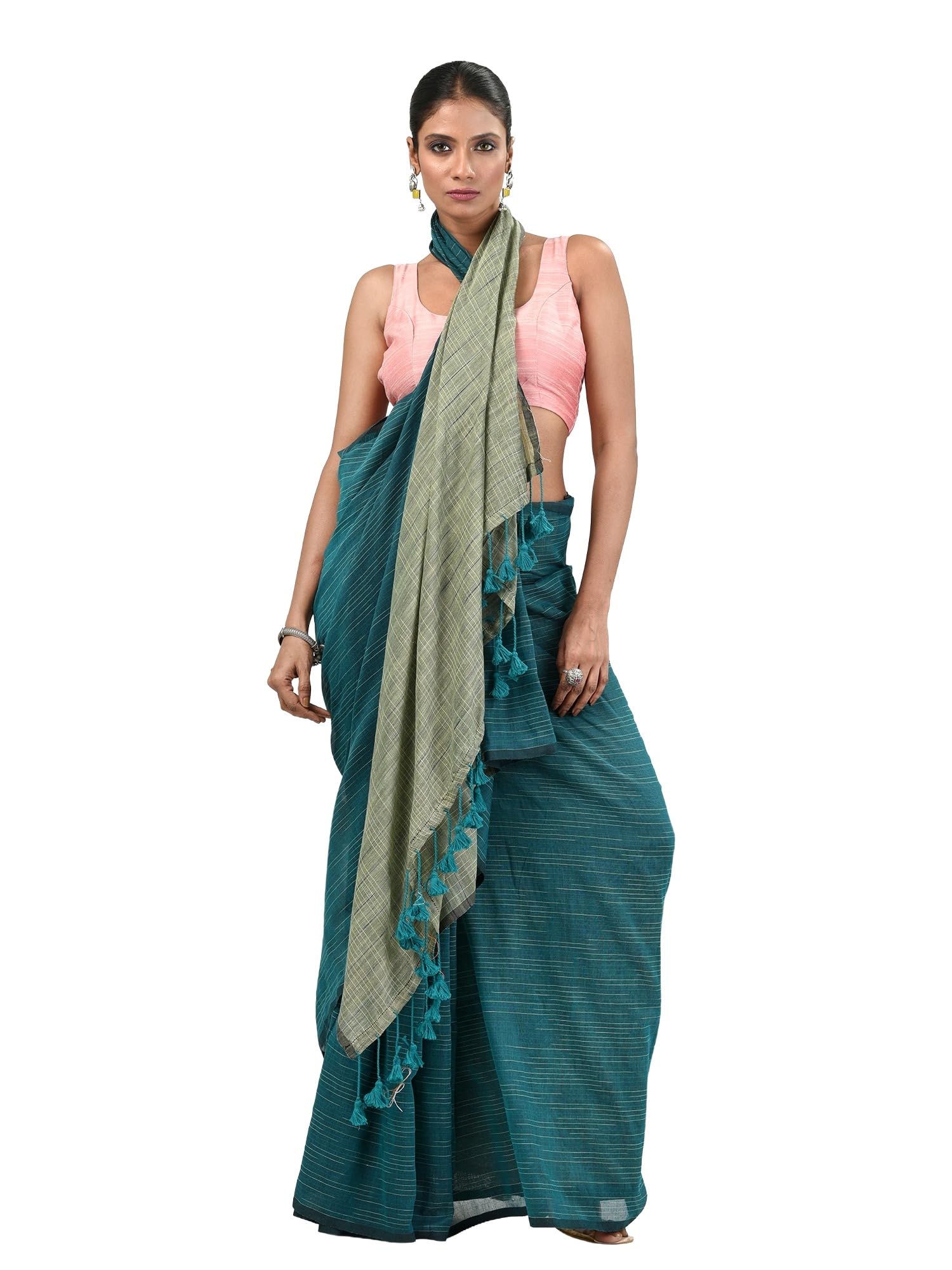 Teal Cotton Handspun Soft Saree With Contrast Ecru Pallu-image-12