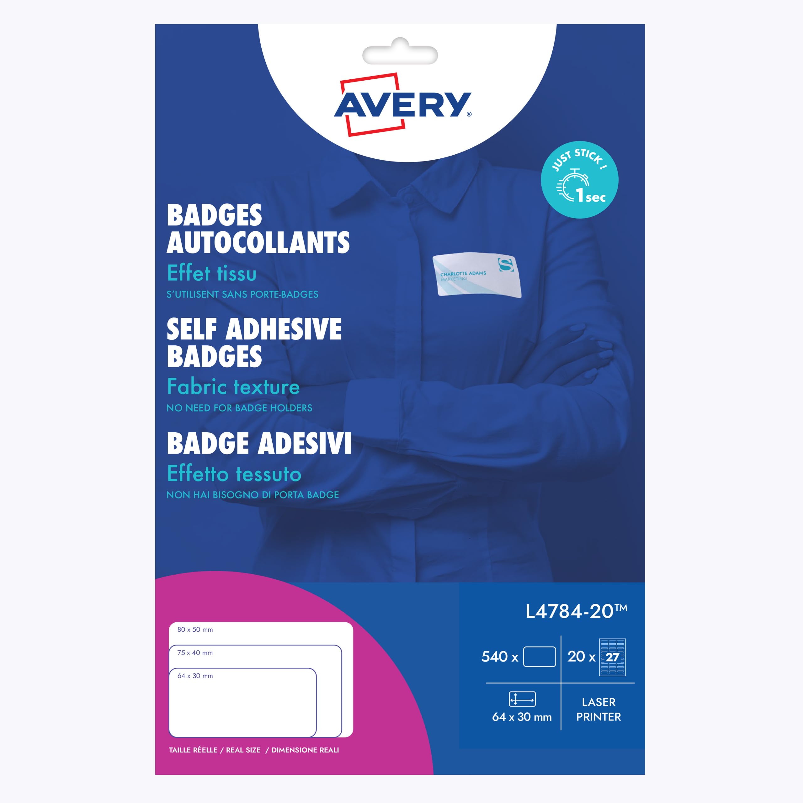Avery L4784-20 Customisable Printable Repositionable Name Badge Labels – 27 Labels per A4 Sheet, White, 63.5 x 29.6 mm, 540 Badges Total