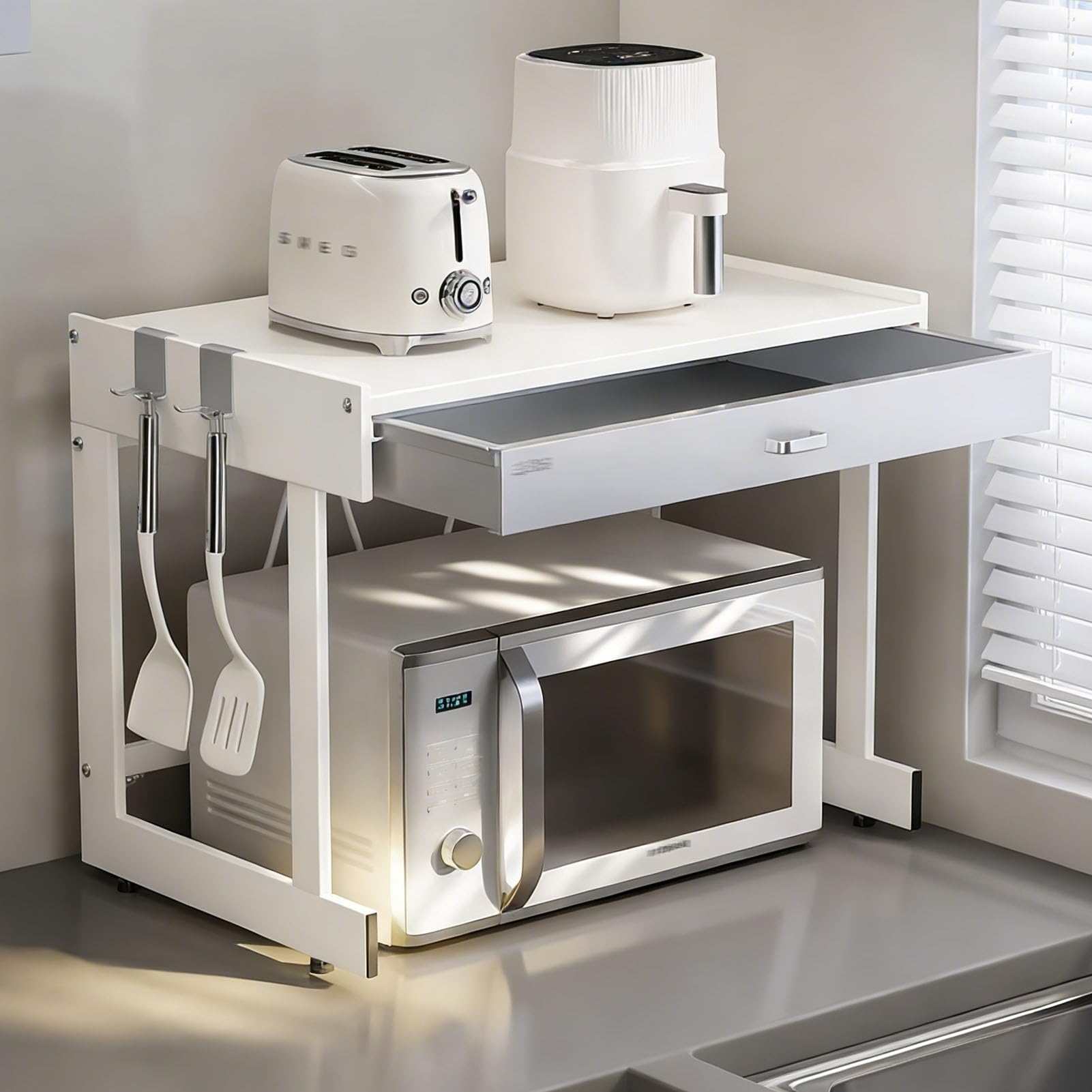 3 Livelli Mensola Microonde, Scaffale Per Microonde con Cassetto, Supporto Per Microonde con Spazio Contenitore Per Ingresso E Soggiorno(Off-white+Gray,L52cm/20.4'')