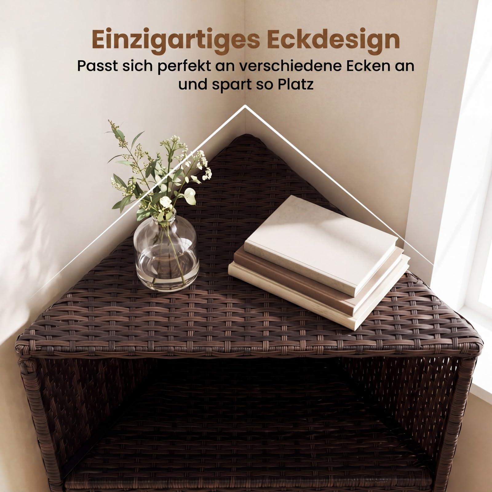 COSTWAY Gartenschrank Rattan Ecke, Terrassenschrank mit Rollen, offenem Fach und Doppeltür, Outdoor Aufbewahrungsschrank, Eckschrank für Garten, Terrasse, Balkon, 66 x 47 x 111 cm