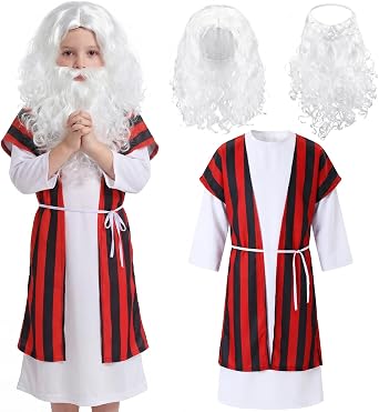Skicuff 5 Pcs Moses Costume for Kids Boy Biblical Costumes Accessory Outfits with Robe Tunic Belt Wig Beard for Children