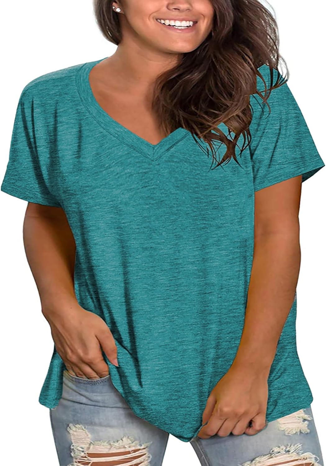 Plus Size V Neck T Shirts Women Short Sleeve Tops Casual Summer Tshirts Loose Fit Tee - Image 2