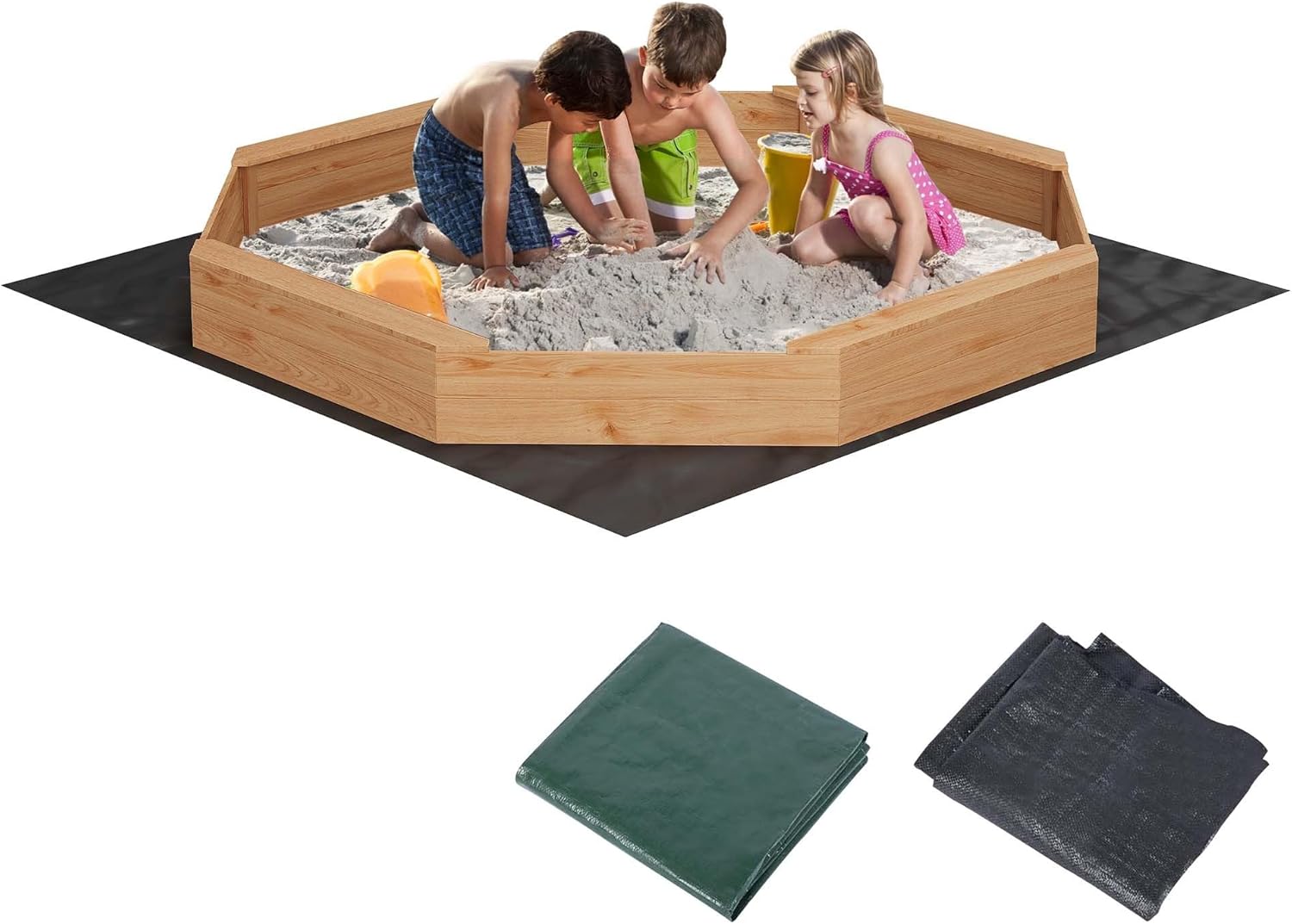 82" Wooden Octagonal Sandbox, Large Kids Sandbox with Waterproof Cover and 4 Bench Seats, Outdoor Fir Wood Sand Pit for 6-8 Children, Kids Sand Box for Backyard, Patio, Garden