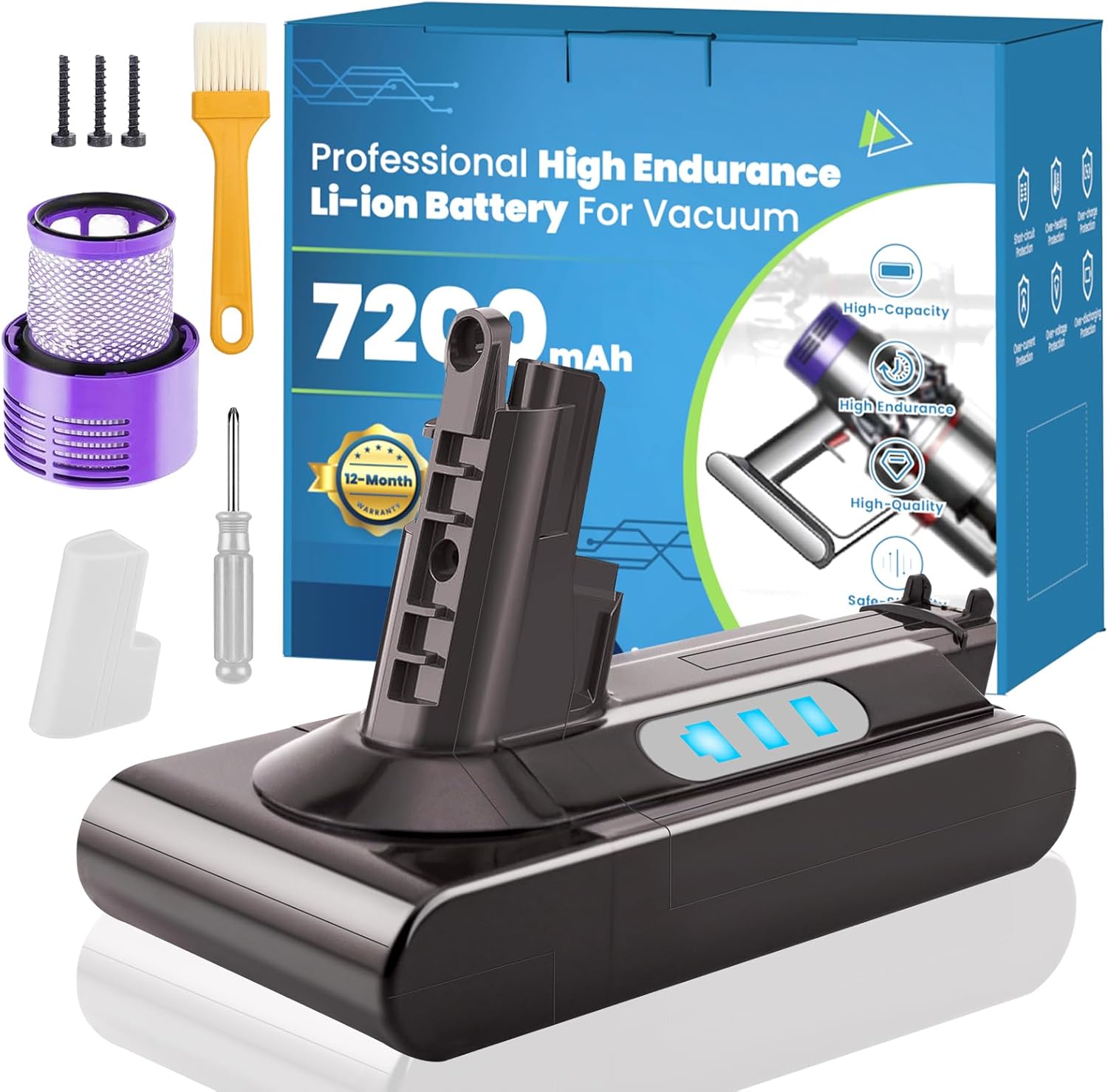 7200mAh Long-Lasting V10 Battery Replacement Compatible for Dyson V10 Absolute/Fluffy/Motorhead/SV12 Vacuum Cleaner, 25.2V 12-Layer Protections Li-ion Battery with Filters (Not Fit SV10)