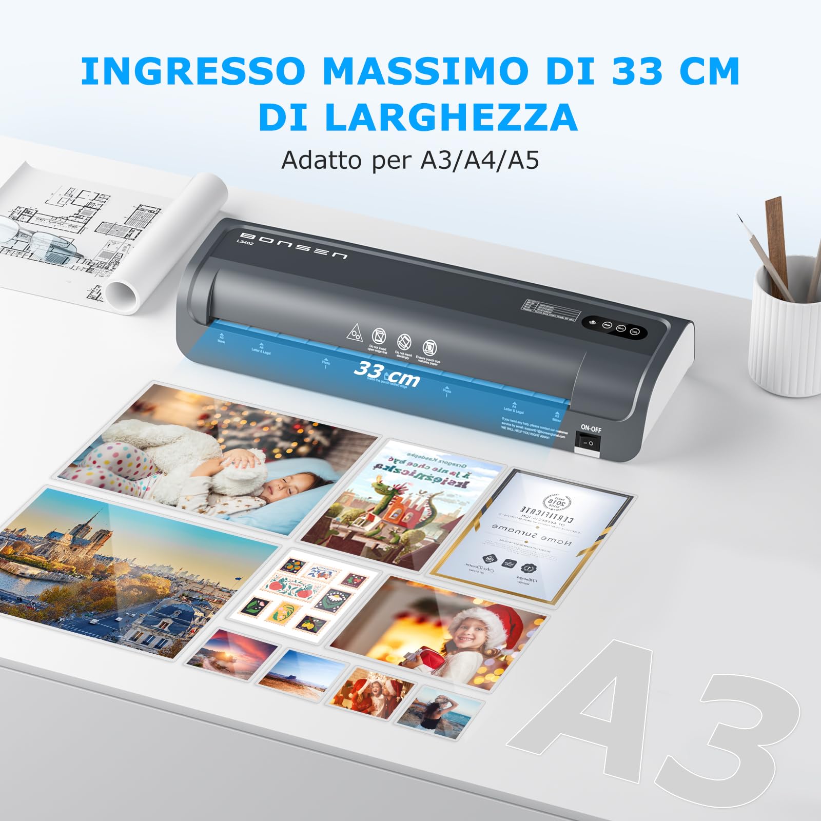 BONSEN Plastificatrice A3 con Tecnologia Anti-Blocco, 100 Fogli (50 x A4, 25 x A5, 25 x A6), Controllo di Temperatura NTC Preciso, 13 Pollici Plastificazione Rapida per Casa, Scuola e Ufficio, L3402