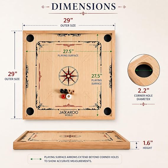 Carrom Board, Carrom Board Medium Size 29 inches x 29 inches, American Style Carrom Table, Oak Wood with Special 22 Coins + 2 Strikers (Extra Pieces), Carom Board for Adults & Family