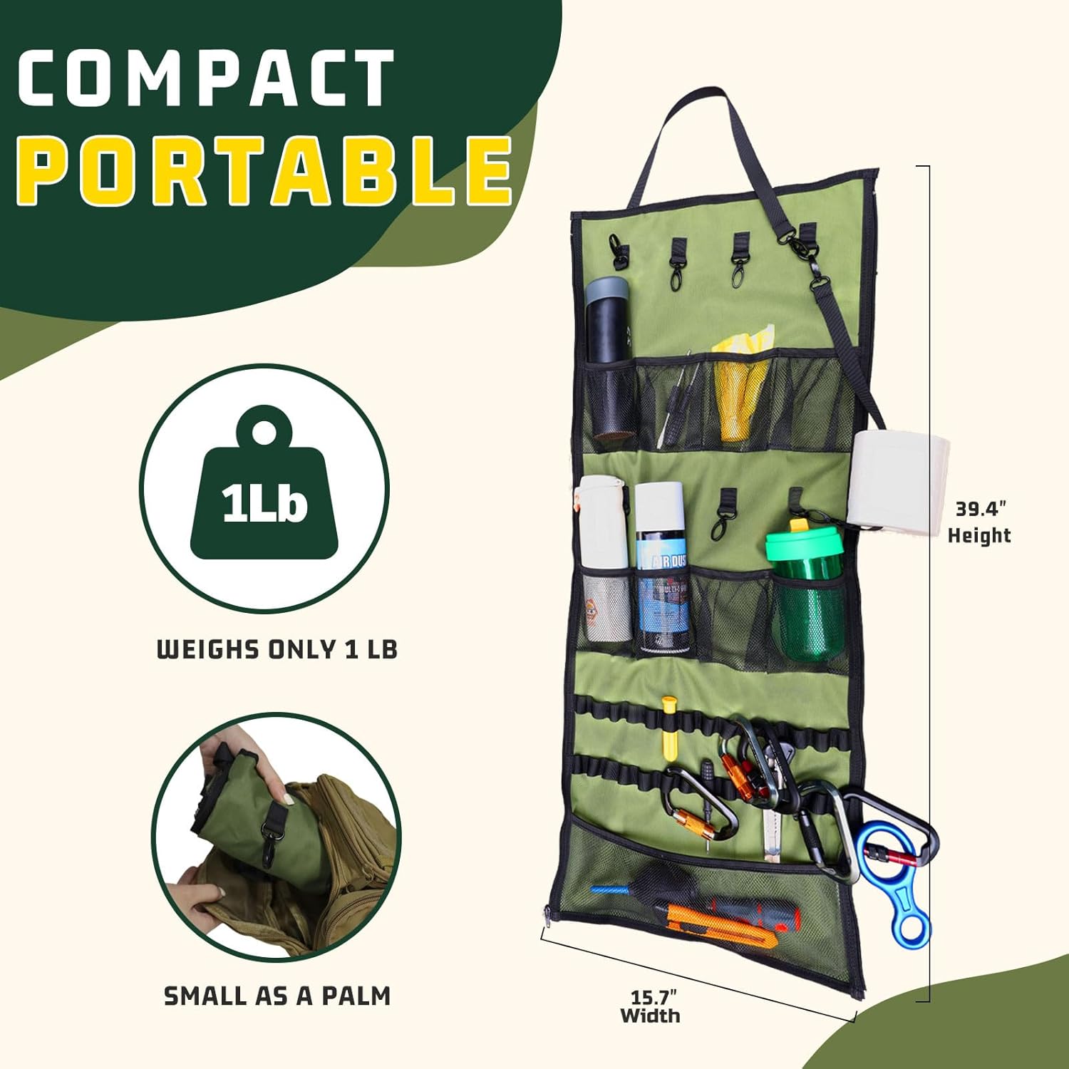 AYAMAYA Camping Organizer & Climbing Carabiner, Tent Organizer with Mesh Pockets, 30kn Aluminum Locking Carabiner for Camping