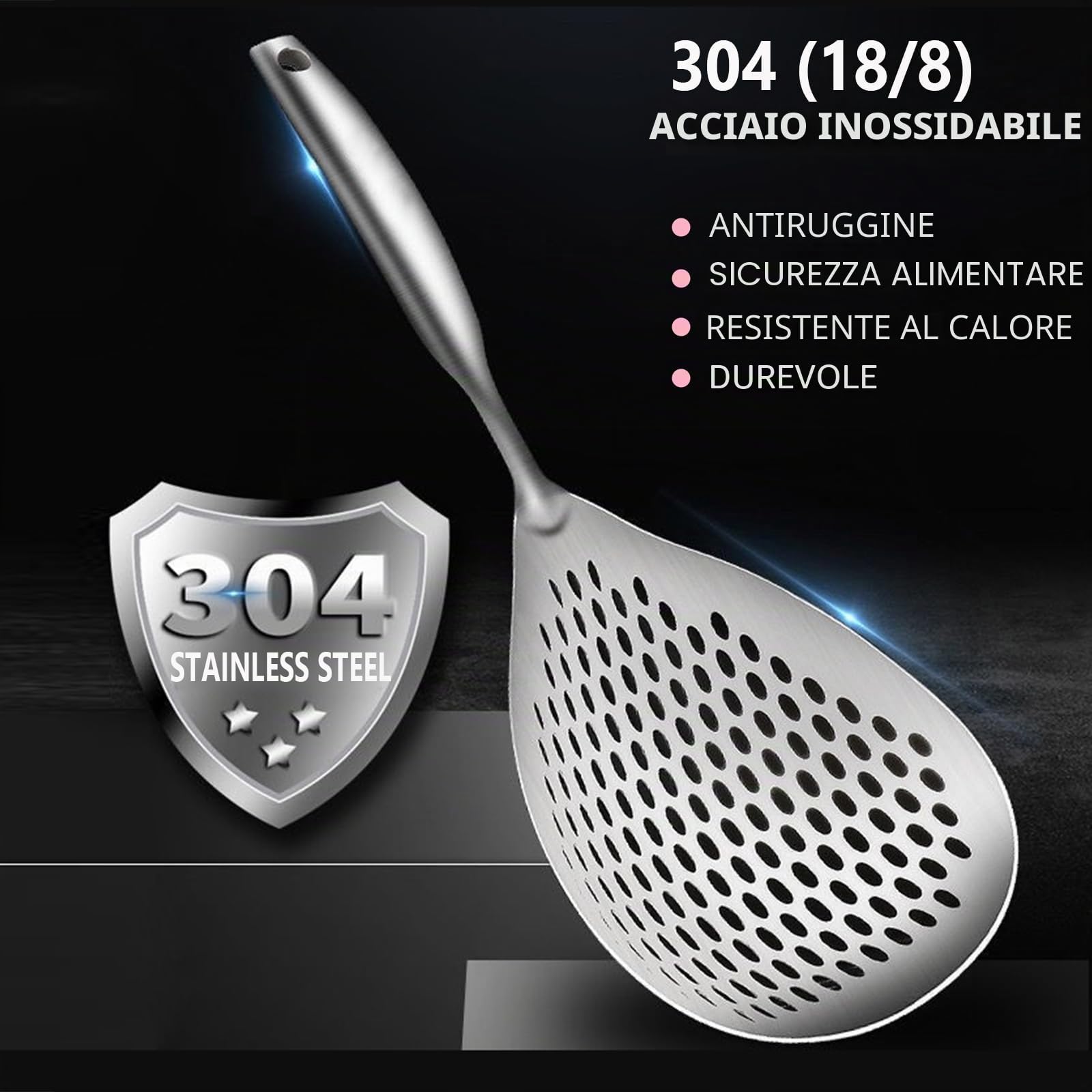 KAYCROWN Schiumarola scanalata, in acciaio inox 304, mestolo per schiumarola, colino per cucinare e friggere, colino per pasta, frittura, cucina