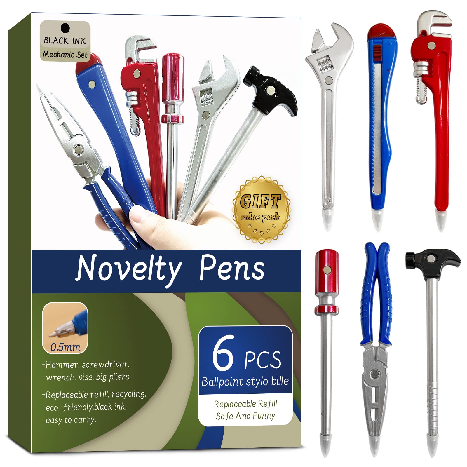 Novelty Tool Pens Set Writing Ink Ballpoint Pen for School Office Student Supplies Gift Kid Toy (6 Pcs)
