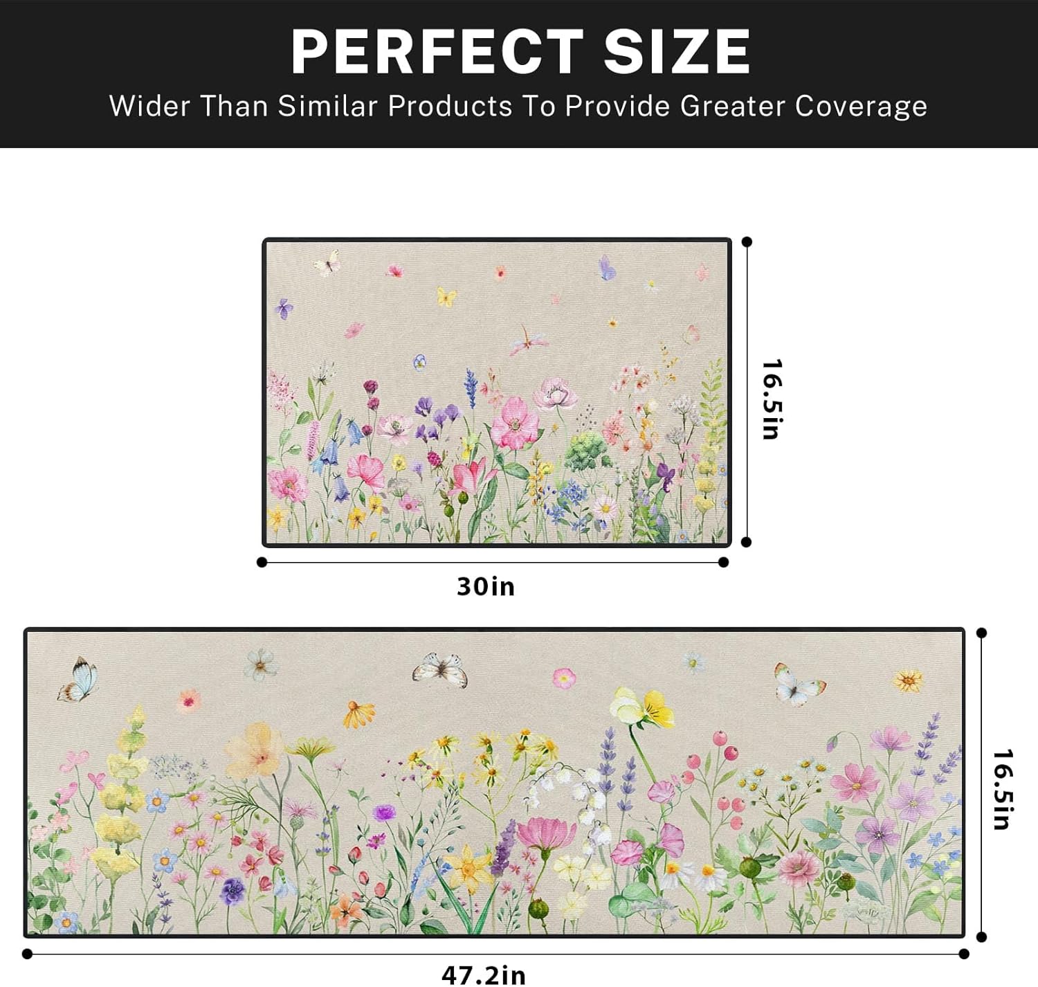 Wildflower Floral Butterfly Kitchen Rugs and Mats Non Skid Washable Set of 2, Vintage Wooden Board Floor Mats, Sweet Heart Home Runner Rug, Rustic Kitchen Decor