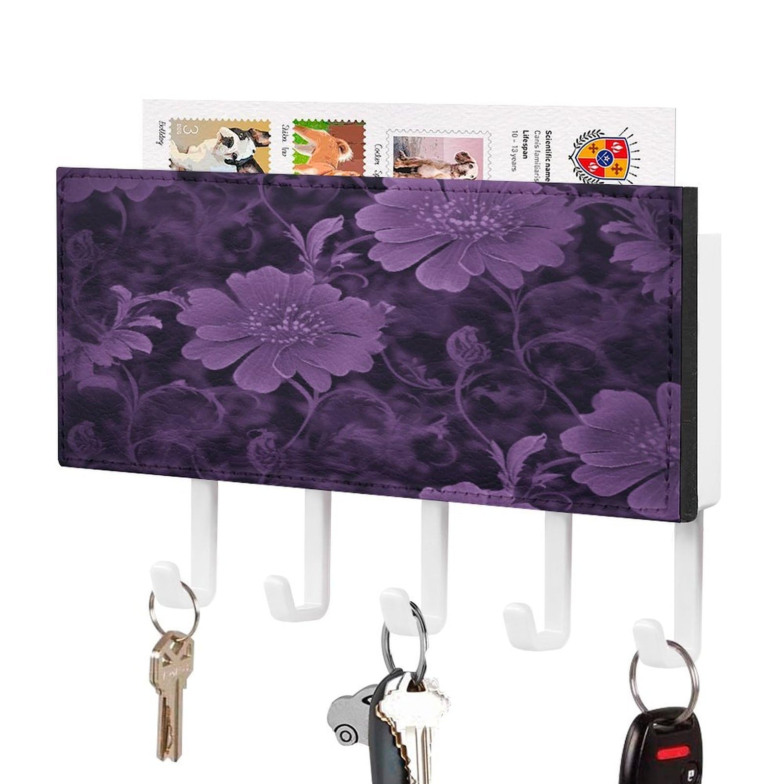 Fekiloot White-Style Purple Key Holder Wall Mount Key And Mail Holder Key Hanger With 5 Hooks Decorative Pu Key Rack Hanging Key Hooks For Wall Living Room Kitchen Bathroom Hallway