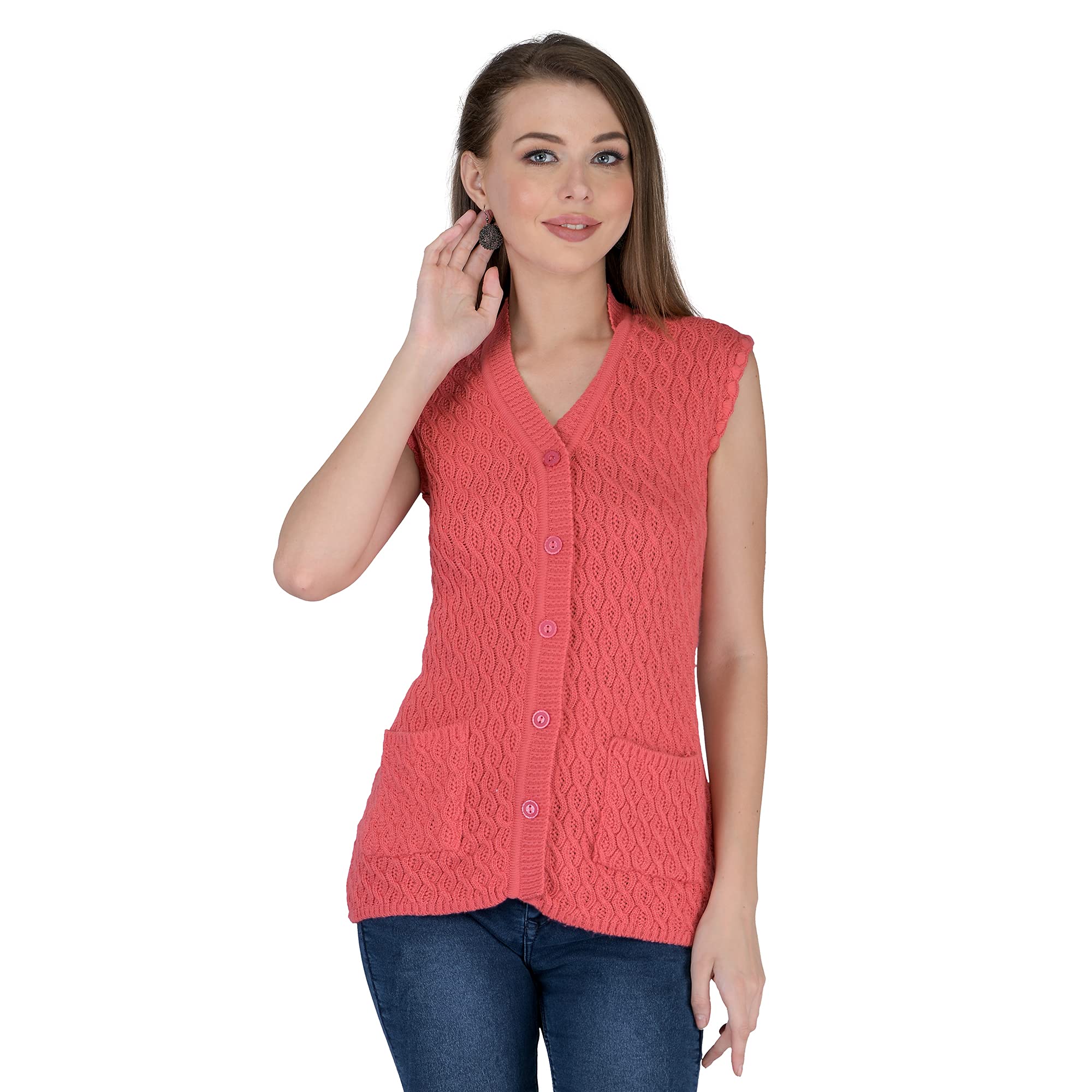lady willington Women Woolen Cardigan Sleeveless Self Design Cardigan Daffodil Fabric Winter Wear Pure Wool Cardigan 100% Daffodil Wool Free Size Cotty Fully Warm with Front Pockets (L, Peach)-picture-30