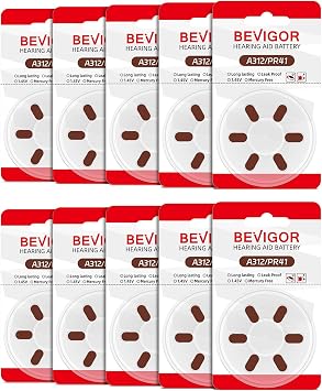 BEVIGOR Size 312 Batteries, 60 High Capacity Mercury-Free Premium Batteries, 10x6 Pack PR41 Brown