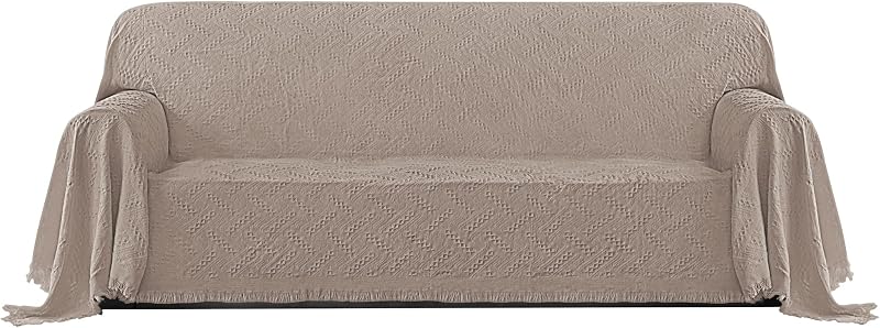 PureFit Geometric Jacquard Throw Sofa Cover - Textured Soft Washable Decorative Couch Covers for 3 Cushion Couch, Throw Cover with Tassels Furniture Protector for Pets, Kids (X-Large, Camel)