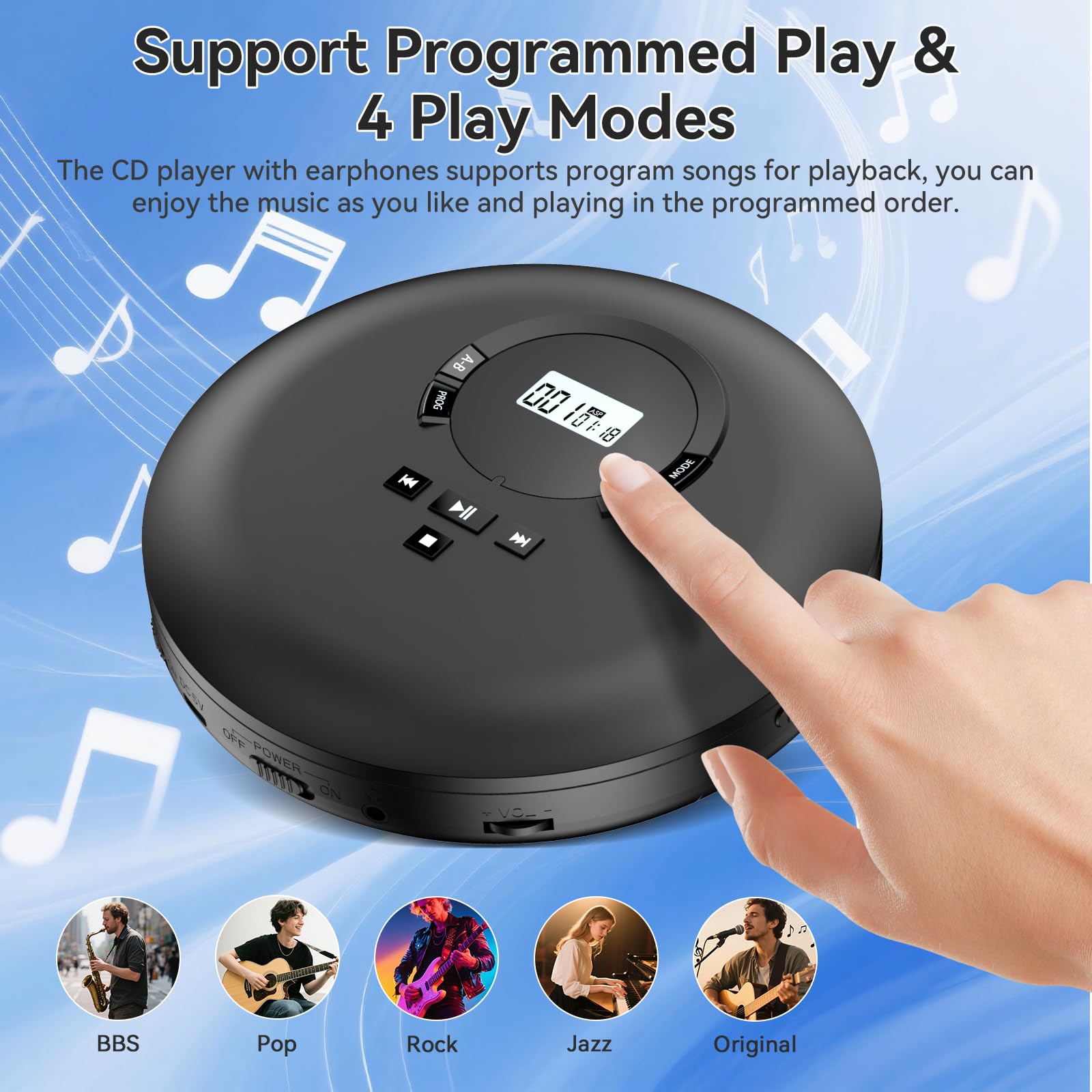 Gueray Lettore CD Portatile Hifi con display stereo cd Lettore CD con cuffie Supporto PROG ASP Funzione di memoria Funzione di ripetizione A-B Effetto BASSO