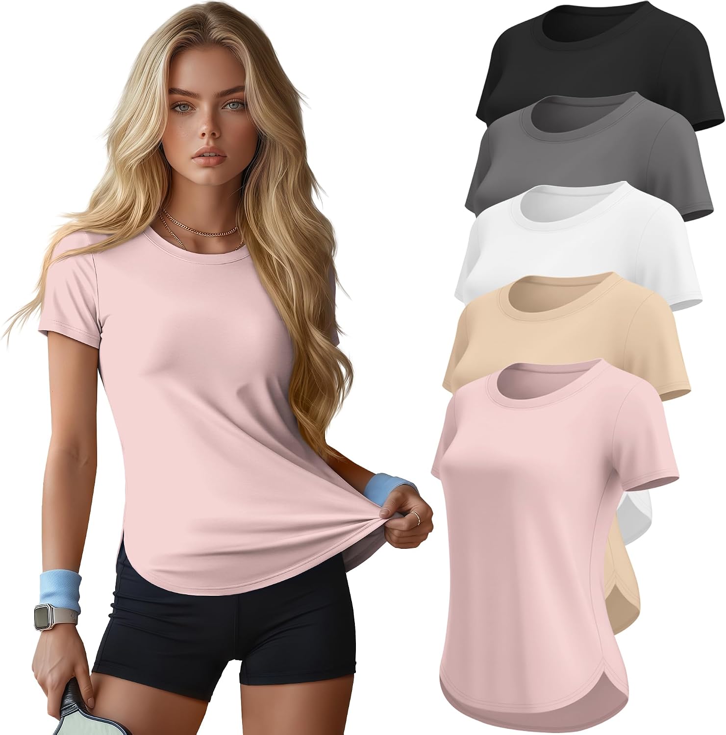 5 Pack Women's Workout Tops Athletic Quick Dry UPF 50+ T-Shirt Yoga Gym Short Sleeve Tee Crewneck Side Split Shirt