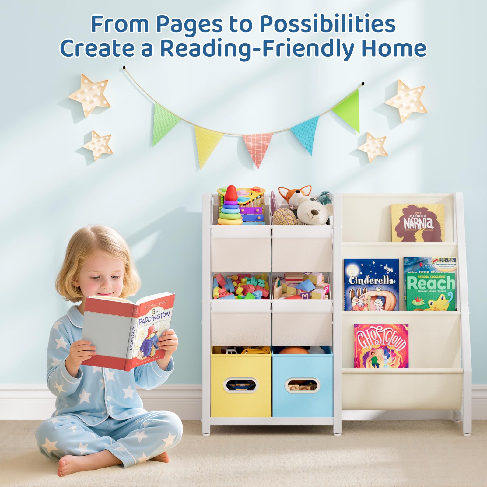 HAVLOTII Montessori - Libreria per bambini, con 3 scomparti, per la cameretta dei bambini, piccola libreria con 6 contenitori per giocattoli, espositore per libri Montessori