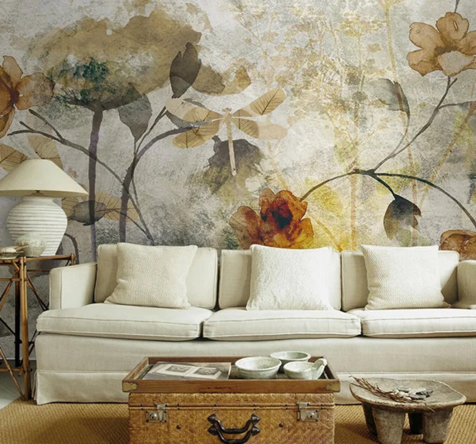 Tzxztt Abstract Retro Hand Drawn Plants Flowers Modern 3D Wallpaper Premium Textured Silk Neutral Tones Material Ideal for Living Room Bedroom-350cm×256cm