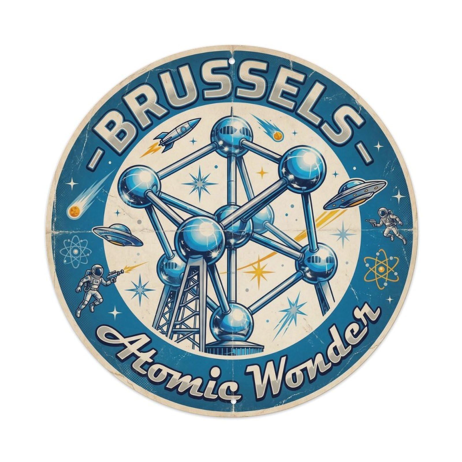 Yrnq Vintage Style Vintage Travel Atomic Landmark Belgium Vintage Metal Tin Sign Plaque Wall Decor For Cafe, Club, Garden Round Metal Poster 8X8inch