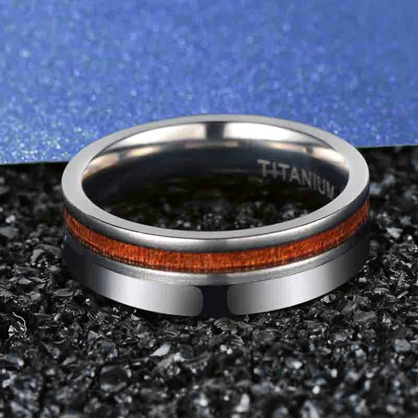 Anello in titanio, unisex, 8 mm, lucidato a specchio, con fascia in legno, anello di fidanzamento, per lei