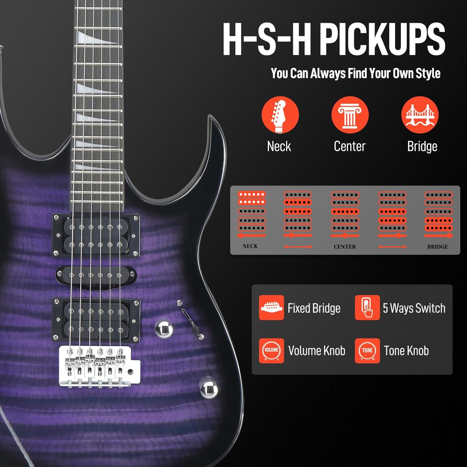 Ktaxon Full Size Electric Guitar Kit for Beginners & Professionals, 39 Inch HSH Pickup Solid-Body Electric Guitars Set with 5 Watt AMP, Gig Bag, Strap, Extra Strings, Tiger Purple
