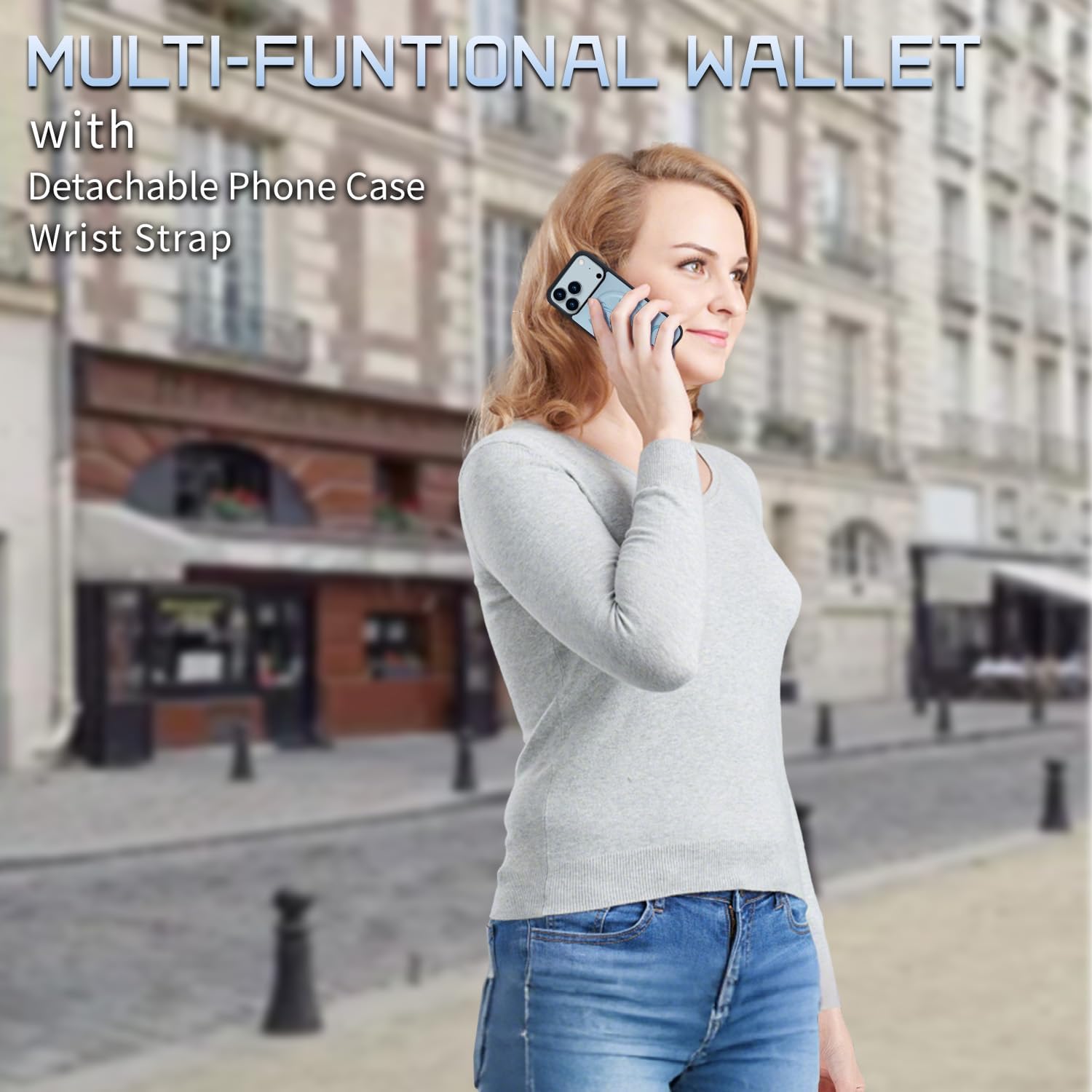 Lacass for iPhone 17 Pro Max Case Wallet,Compatible with MagSafe 2 in 1 Magnetic Detachable PU Leather RFID Blocking Wallet Cover Card Holder Zipper Wrist Strap Lanyard,Floral Sky Blue - Image 5