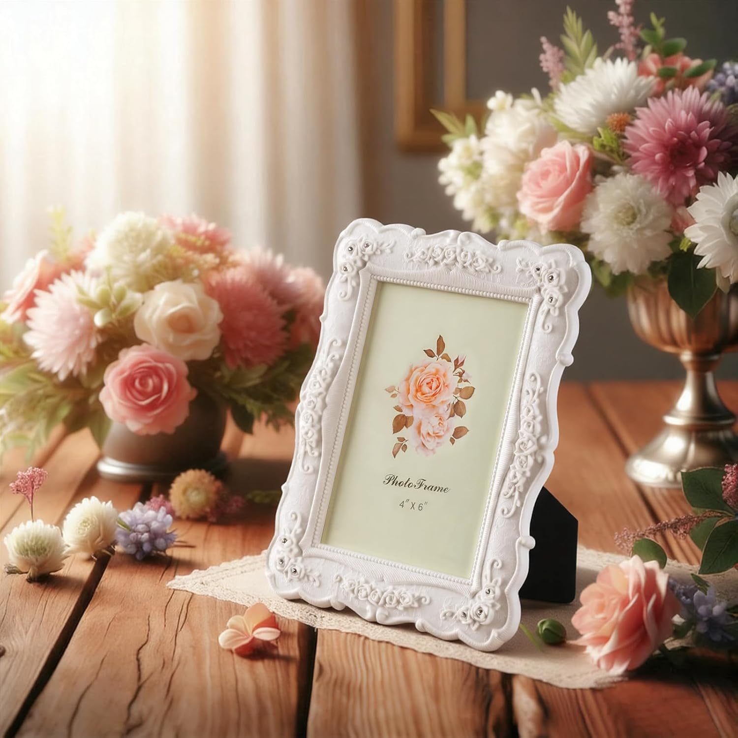 Amyhill 4 Pcs White Vintage Picture Frame Rose Flower Design Antique Photo Frames with Glass for Wedding Home Living Room Tabletop Wall Display, Horizontally or Vertically Use(White,4 x 6)